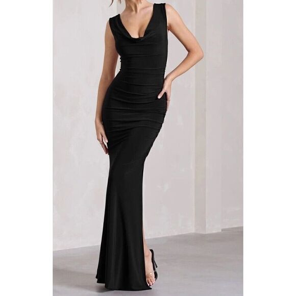 NWT CLUB L LOLITA BLACK RUCHED COWL-NECK SLEEVELESS MAXI DRESS sz 12 US - Picture 5 of 11